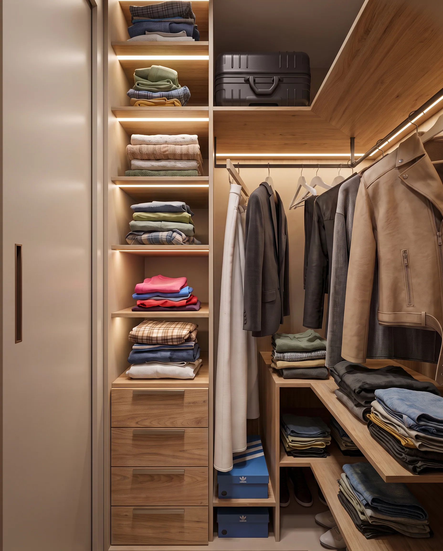 Closet, arara e prateleiras iluminadas